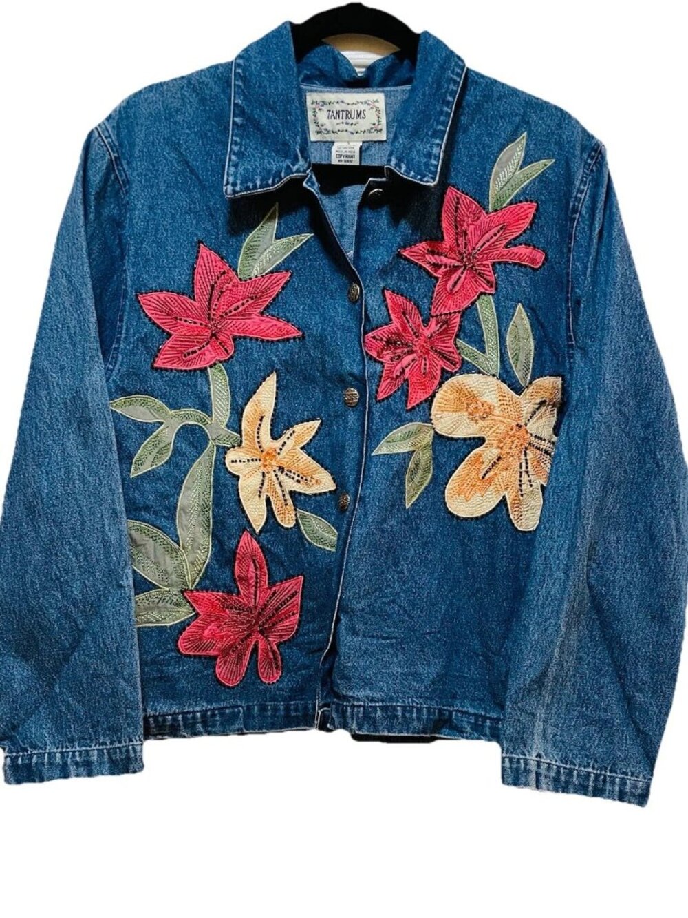 TANTRUMS Blue Jean Denim Embroidered Beads & Applique Floral Jacket Sz S
